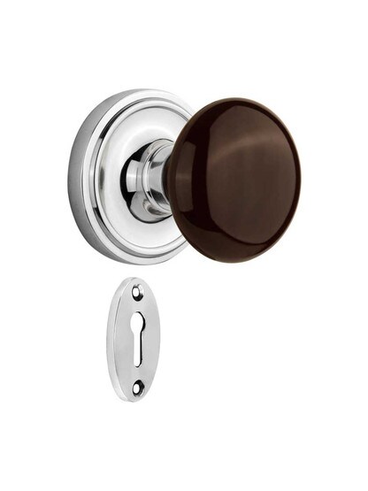 Classic Rosette Mortise-Lock Set with Brown Porcelain Knobs in Polished Chrome.